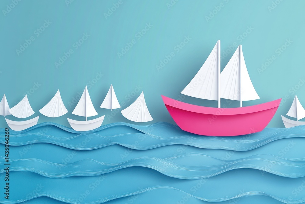 Vector-style pink boat leading white ones on water ripples, isolated for editorial use, leadership symbolism Vector-style pink boat leading white ones on water ripples, isolated for editorial use, leadership symbolism
