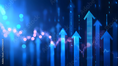 A blue background with arrows pointing upwards, representing stock market growth or business success in the financial industry graph show upward trends, symbolizing positive progress