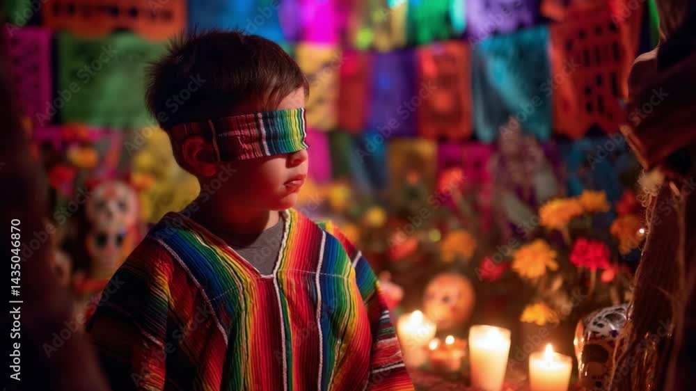 Blindfolded Boy at Festive Celebration: A young boy, blindfolded, stands in a culturally rich setting, enveloped by festive decorations, vibrant colors, and symbolic elements. Blindfolded Boy at Festive Celebration: A young boy, blindfolded, stands in a culturally rich setting, enveloped by festive decorations, vibrant colors, and symbolic elements.