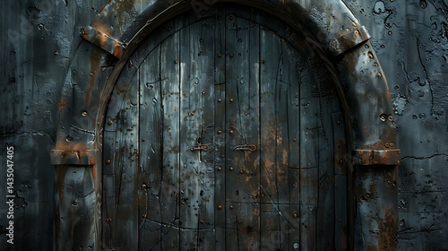 Arched Wooden Door with Rust-Stained Stone Frame