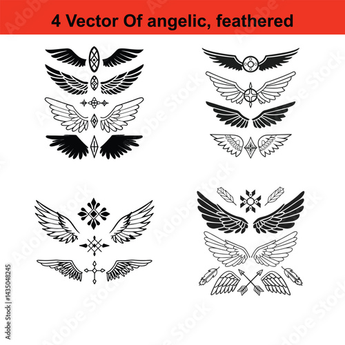 Wings Icon Set Angel and Tribal Wing Symbols, Feathered Wings Vector,Black wings vector set with tribal and angelic silhouettes