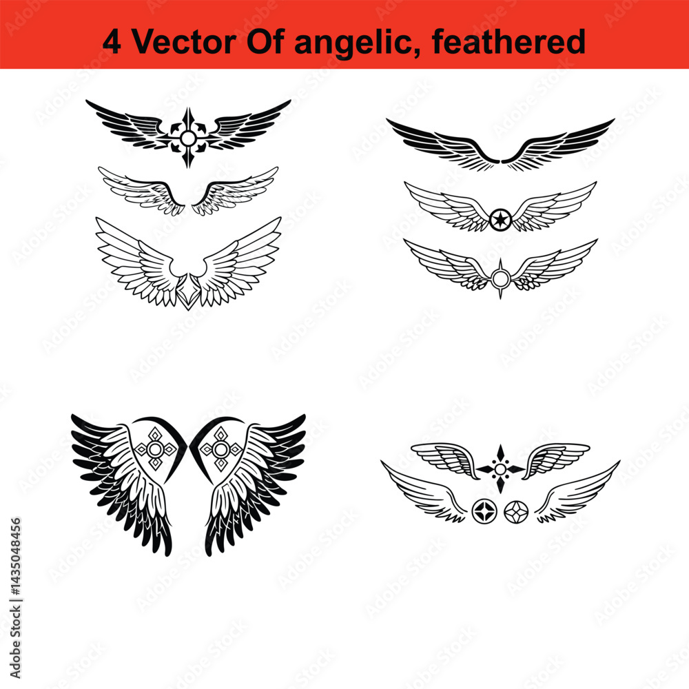 Fototapeta premium Wings Icon Set Angel and Tribal Wing Symbols, Feathered Wings Vector,Black wings vector set with tribal and angelic silhouettes