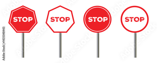 Warning stop sign. Safety visual, symbol with white hand, traffic sign, red traffic, forbidden sticker, notify driver, road sign Stop sign on a road (USA/North American road sign) 