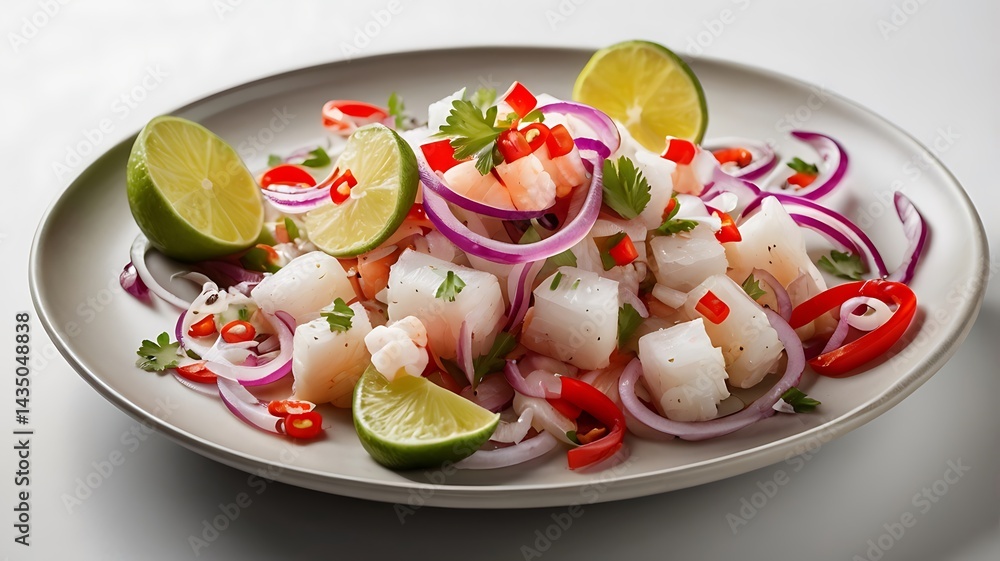 A Peruvian ceviche with fresh fish, lime juice, red onions, and chili peppers, professionally styled on a white background A Peruvian ceviche with fresh fish, lime juice, red onions, and chili peppers, professionally styled on a white background