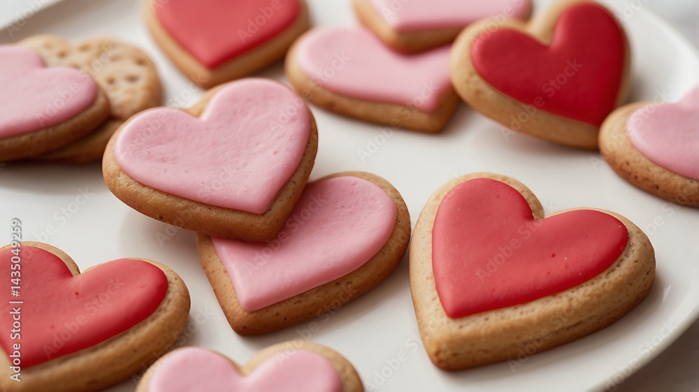 A plate of heart-shaped Valentine’s Day cookies with pink and red icing, on a white background A plate of heart-shaped Valentine’s Day cookies with pink and red icing, on a white background