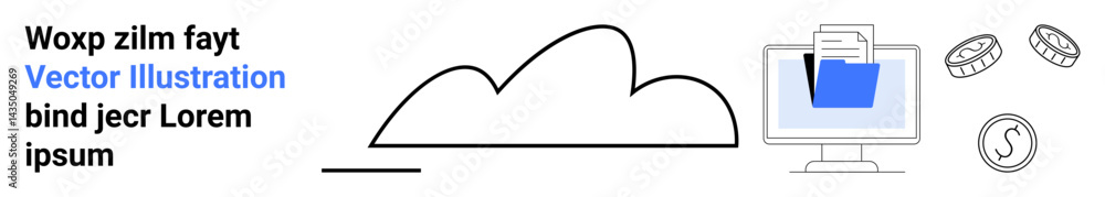 Cloud icon paired with monitor showing folder and document, surrounded by coins. Ideal for cloud computing, file sharing, document management, finance, data storage, banking, simple landing page Cloud icon paired with monitor showing folder and document, surrounded by coins. Ideal for cloud computing, file sharing, document management, finance, data storage, banking, simple landing page