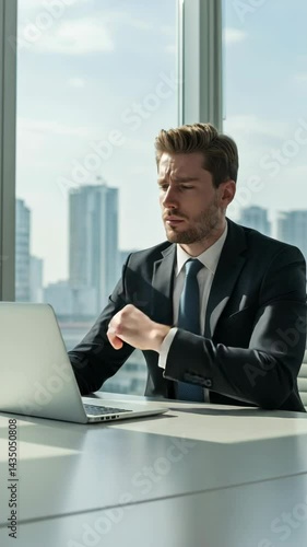 Wallpaper Mural Vertical video frustrated stressed businessman thinking at desk with laptop, ideal for depicting tough decision-making, financial issues, mental strain or workplace pressure in corporate scenes. Torontodigital.ca