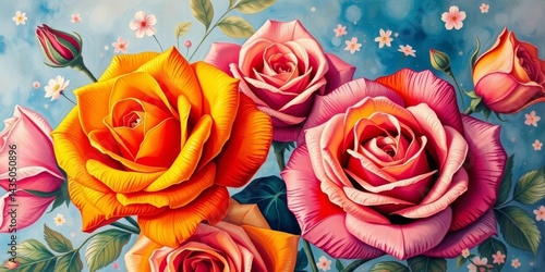 Opulent pink roses, bright floral acrylic painting, decorative elements for prints, opulent, isolated