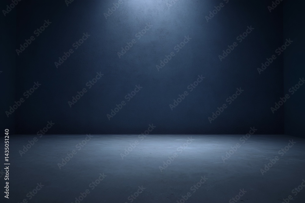 Dark Blue Room Corner with Spot Lighting, Concrete Floor, Empty Interior space Dark Blue Room Corner with Spot Lighting, Concrete Floor, Empty Interior space