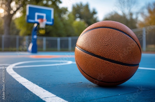 Basketball on Outdoor Court with Hoop in Background During Daytime