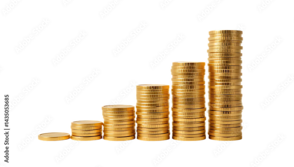 Gold coins, stacked columns, ascending height, financial growth. Gold coins, stacked columns, ascending height, financial growth.