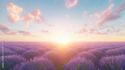 Serene sunset over a vast lavender field, bathed in warm golden light; peaceful, idyllic landscape.