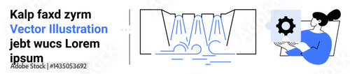 Flowing waterfall symbolizing process, gear indicating innovation and optimization, person analyzing setup. Ideal for technology, workflow, mechanics, innovation, business, strategy simple landing