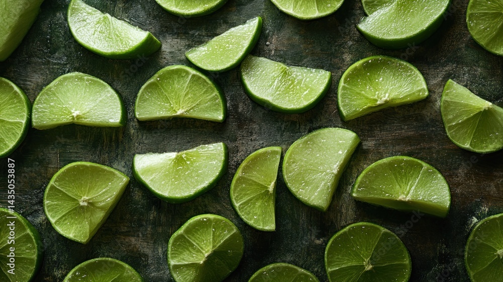 Fototapeta premium Fresh lime slices arranged on a dark surface