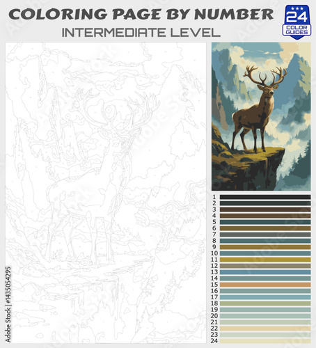 Coloring Page by Numbers - Majestic Deer on Mountain Cliff at Sunset - Intermediate Level Paint by Number Template with 24 Color Palette for Adults and Kids