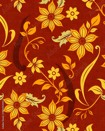 Wallpaper Mural A vibrant batik fabric pattern with floral motifs and intricate linework, seamless pattern. Torontodigital.ca