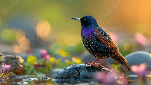 Starling Perching on Rock Near Water Springtime Nature Scene