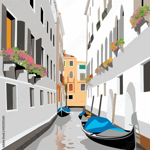 Italy
A narrow alley in Venice with gondolas on the canal, colorful buildings, and flower-filled balconies.