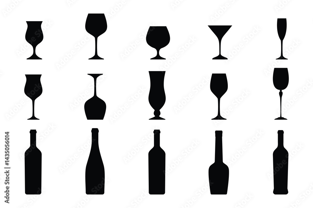 Wine Bottles and Glasses Silhouette Collection on White Background Wine Bottles and Glasses Silhouette Collection on White Background