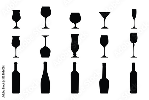Wine Bottles and Glasses Silhouette Collection on White Background
