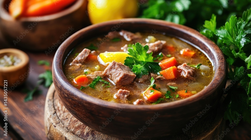 Hearty beef soup in a rustic bowl Hearty beef soup in a rustic bowl