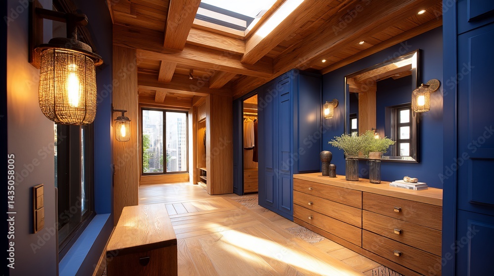 Sunlit hallway with blue walls, wood floors, and built-in cabinetry Sunlit hallway with blue walls, wood floors, and built-in cabinetry