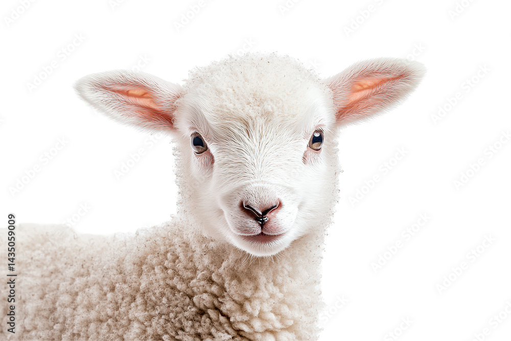 Fototapeta premium Sweet little lamb standing proudly on a white background showing off its fluffy wool coat