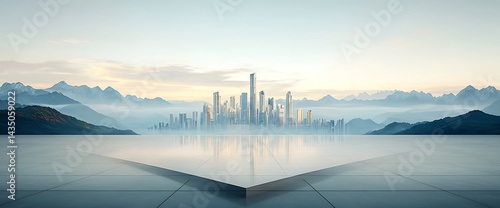 Modern city skyline emerges from the mist with mountains as a backdrop, dawn light