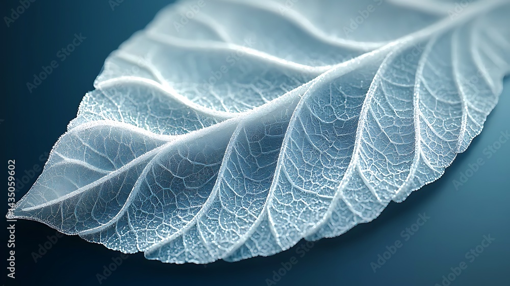Obraz premium Close-up of a translucent leaf showcasing intricate vein patterns against a soft blue background