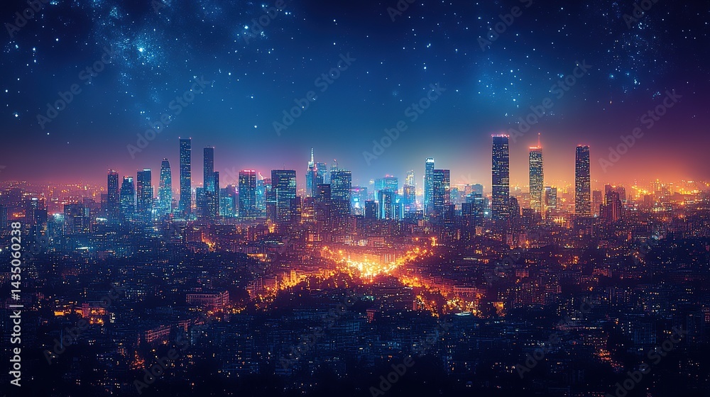 Obraz premium Night city skyline with starry sky