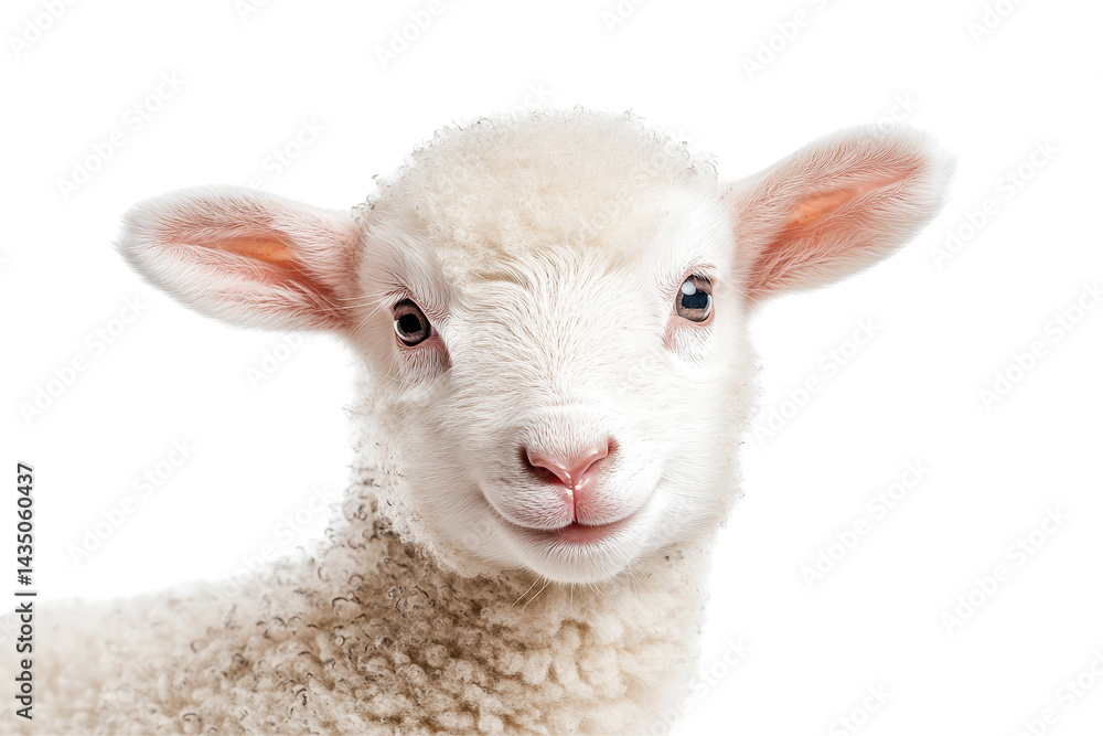 Fototapeta premium Adorable baby lamb with fluffy wool smiling sweetly while standing on a bright white background