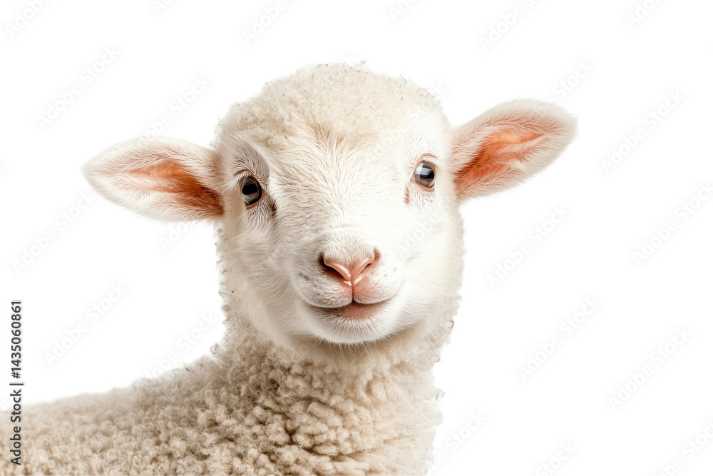 Fototapeta premium Fluffy lamb with happy expression standing playfully on white background perfect for spring themes