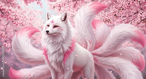 Nine-Tailed Fox Amidst Cherry Blossoms: A Digital Painting of Mystical Beauty