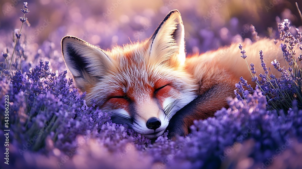 Fototapeta premium A fox resting on a fluffy cloud, dreamy soft minimal style