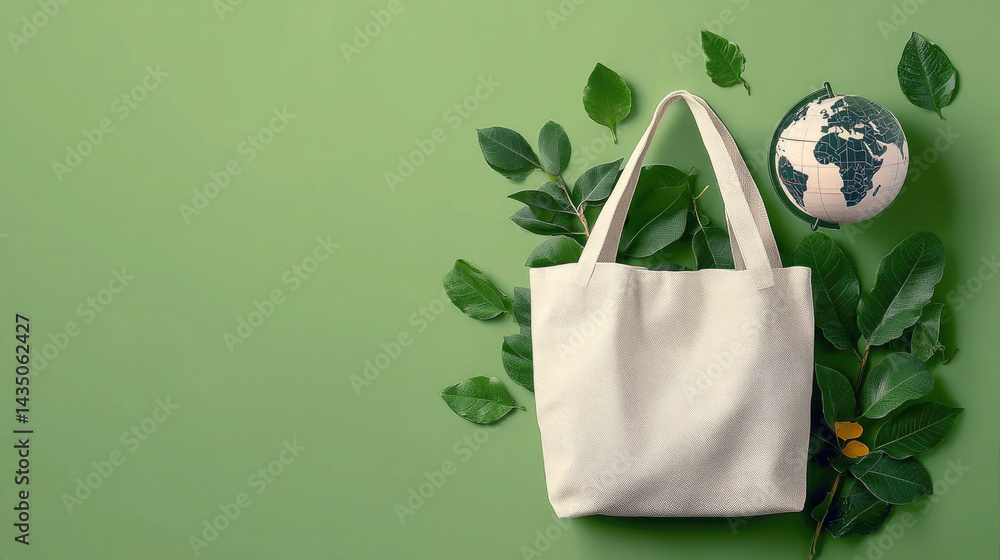 Ecofriendly lifestyle concept with reusable fabric bag, green leaves, and globe on green background, promoting sustainability and environmental awareness