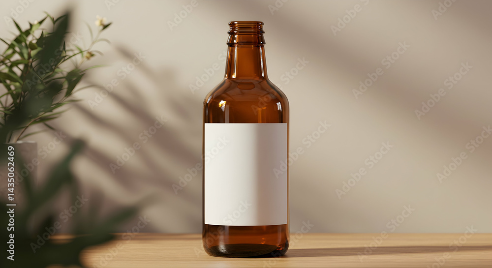 Amber glass bottle mockup with blank label on wooden table plant shadows commercial product branding space 100ml Amber glass bottle mockup with blank label on wooden table plant shadows commercial product branding space 100ml