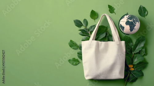Obraz na płótnie Ecofriendly lifestyle concept with reusable fabric bag, green leaves, and globe on green background, promoting sustainability and environmental awareness w salonie