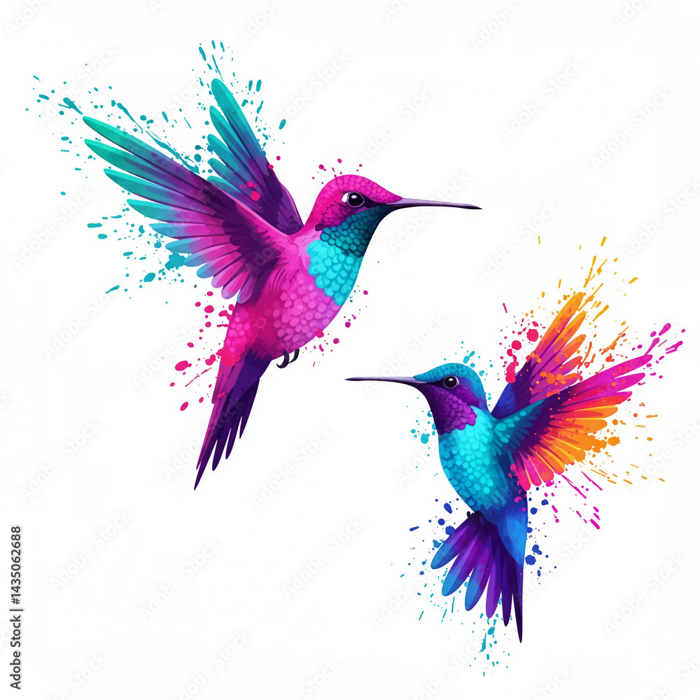 Obraz premium Fantasy world. Illustration of two paradise hummingbird bird isolated on a white background. Abstract watercolor drawing.
