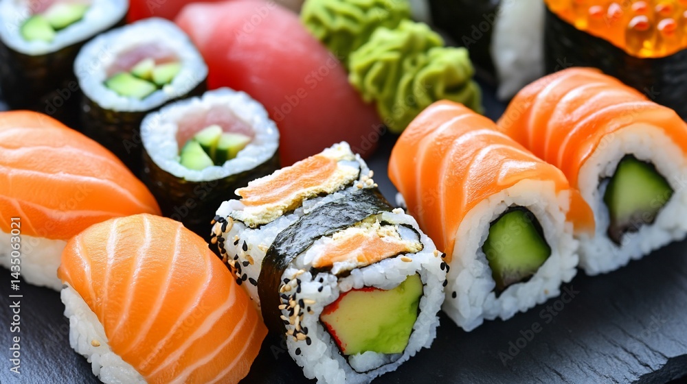 Assorted sushi platter. A variety of sushi rolls and nigiri on a dark slate surface, showcasing different fillings, including salmon, tuna, avocado, and cucumber. Fresh and colorful Assorted sushi platter. A variety of sushi rolls and nigiri on a dark slate surface, showcasing different fillings, including salmon, tuna, avocado, and cucumber. Fresh and colorful