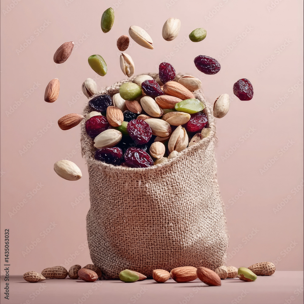 Mixed nuts including pistachio, almond, and dried cranberry in burlap sack with some nuts and berries falling, creating dynamic and fresh composition