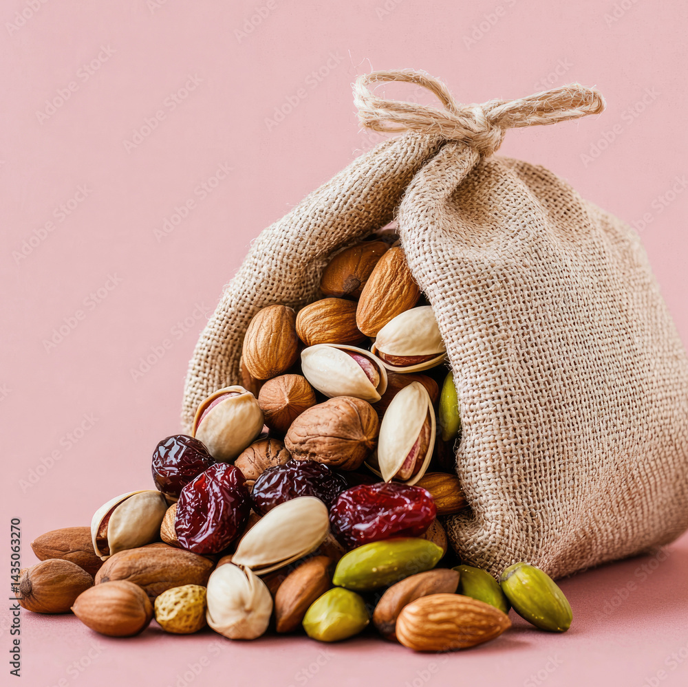Assorted nuts and dried fruit spilling from burlap sack on pink background, featuring pistachio, almond, walnut, and cherry, creating healthy and natural snack mix