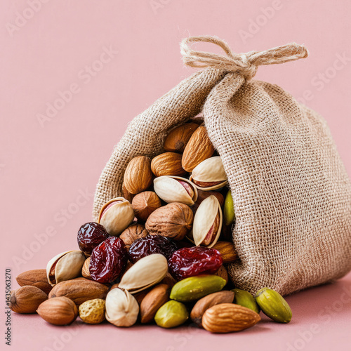Obraz na płótnie Assorted nuts and dried fruit spilling from burlap sack on pink background, featuring pistachio, almond, walnut, and cherry, creating healthy and natural snack mix w salonie