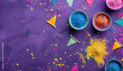 top view of colorful traditional holi powder in bowls isolated on dark background.Space for text . happy holi.Concept Indian color festival called Holi