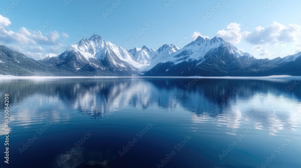 Snowcapped mountain tranquil lake blue sky fluffy cloud peaceful reflection serene landscape winter nature outdoor scenic view. calm and peaceful winter landscape with snowcapped mountains
