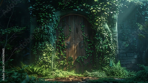 Arched Wooden Door Veiled in Ivy and Ferns