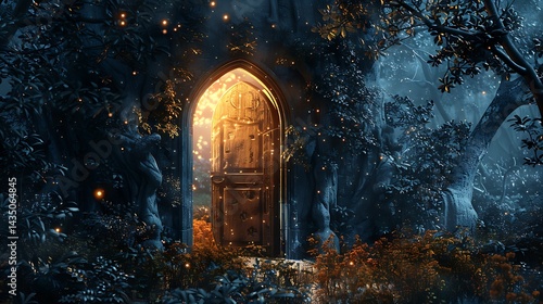 Glowing Forest Portal Behind Arched Door