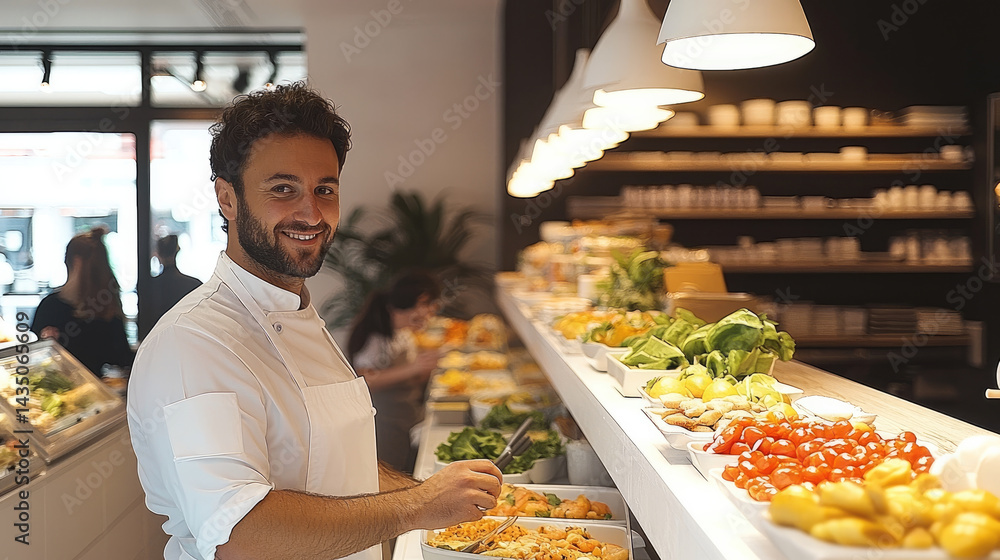 Smiling chef preparing fresh salad at modern buffet restaurant counter, surrounded by colorful vegetables and bright lighting, creating welcoming and healthy dining atmosphere