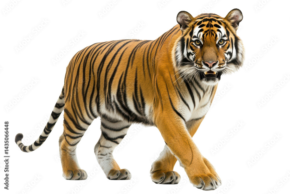 Obraz premium Fierce and focused tiger walks with authority in a striking portrait against white background