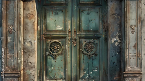 Faded Green Doors with Ornate Carvings and Circular Motifs