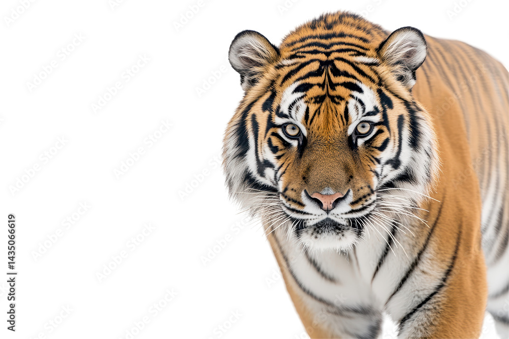 Fototapeta premium Determined tiger moves forward with powerful stride captured in dramatic white background photo